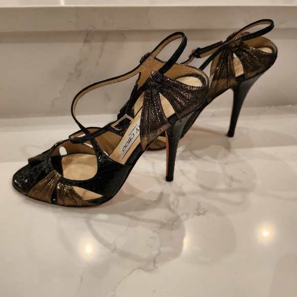 Jimmy Choo Black/Gold Disco Snakeskin  T-Strap heels size 37 - Picture 2 of 11